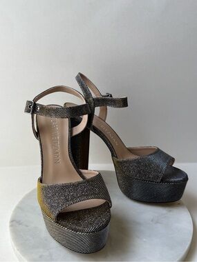 Stuart Weitzman Ryder Metallic Platform Block Heel Sandals Gray Gold Glitter 8.5